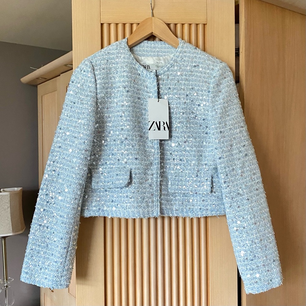 Zara textured tweed sequin blazer jacket blue sliver - Picture 5 of 12